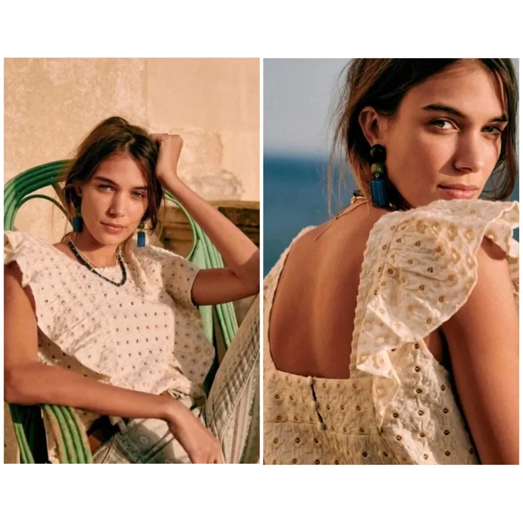 NEW Sezane Forta Blouse in Ecru Beige Womens 2 Cotton Ruffle Embroidered - Image 2