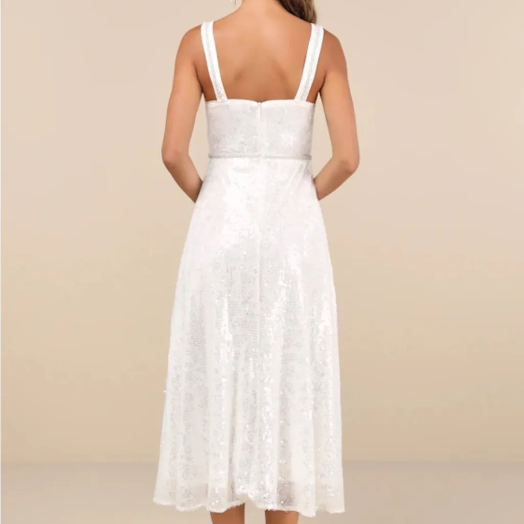 Lulu’s Exceptionally Glamorous White Sequin Pearl Bustier Midi Dress Size XS - Image 3