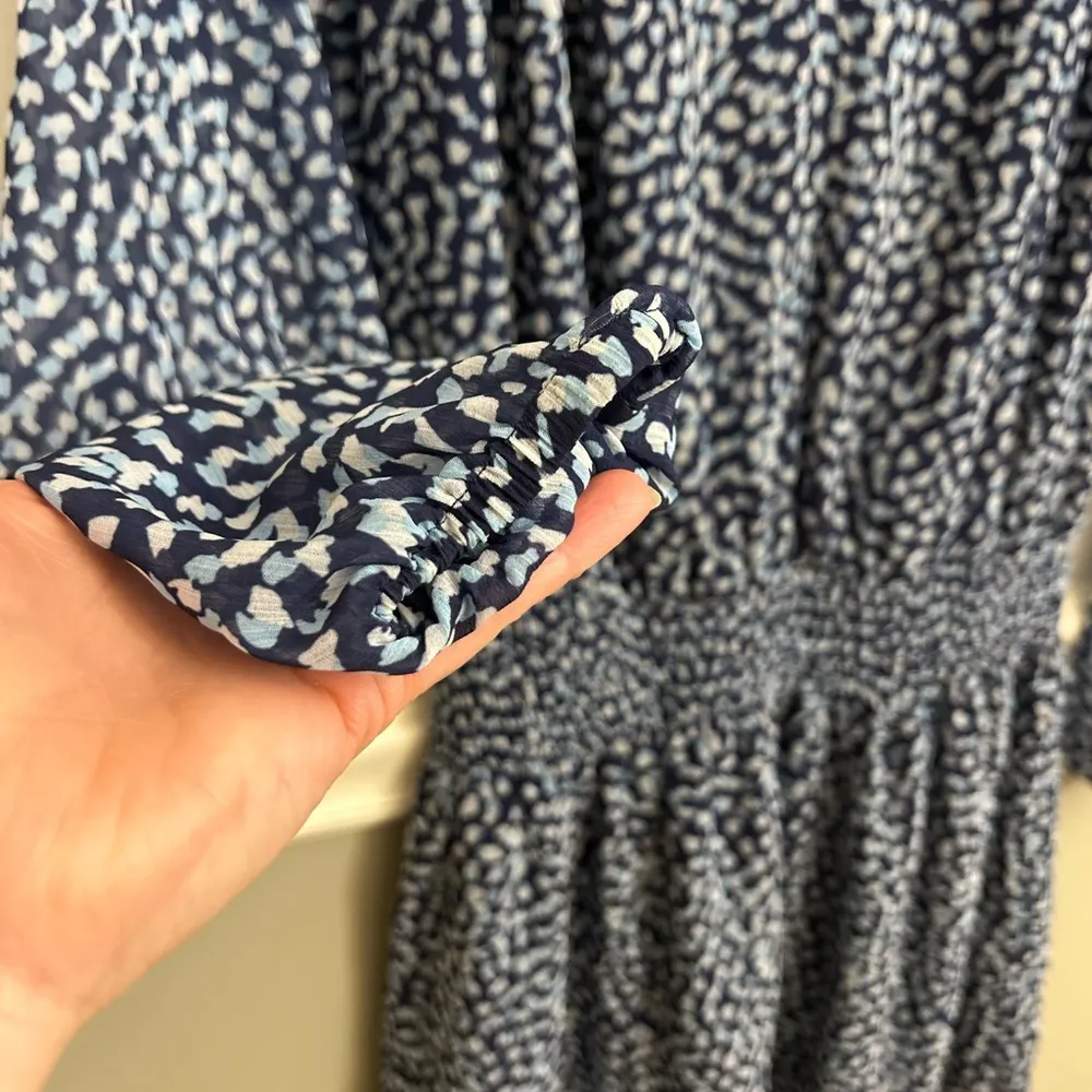 Ramy Brooke Long Sleeve V-Neck Smocked Drop Waist Blue Abstract Dress Small - Image 5