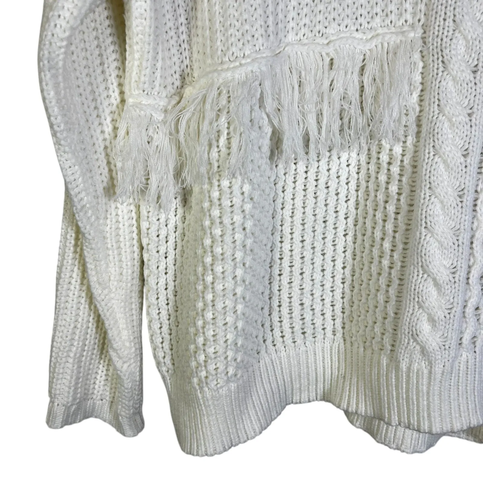 Calvin Klein Cream Cable Knit Cowl Neck Fringe Sweater XL - Image 3