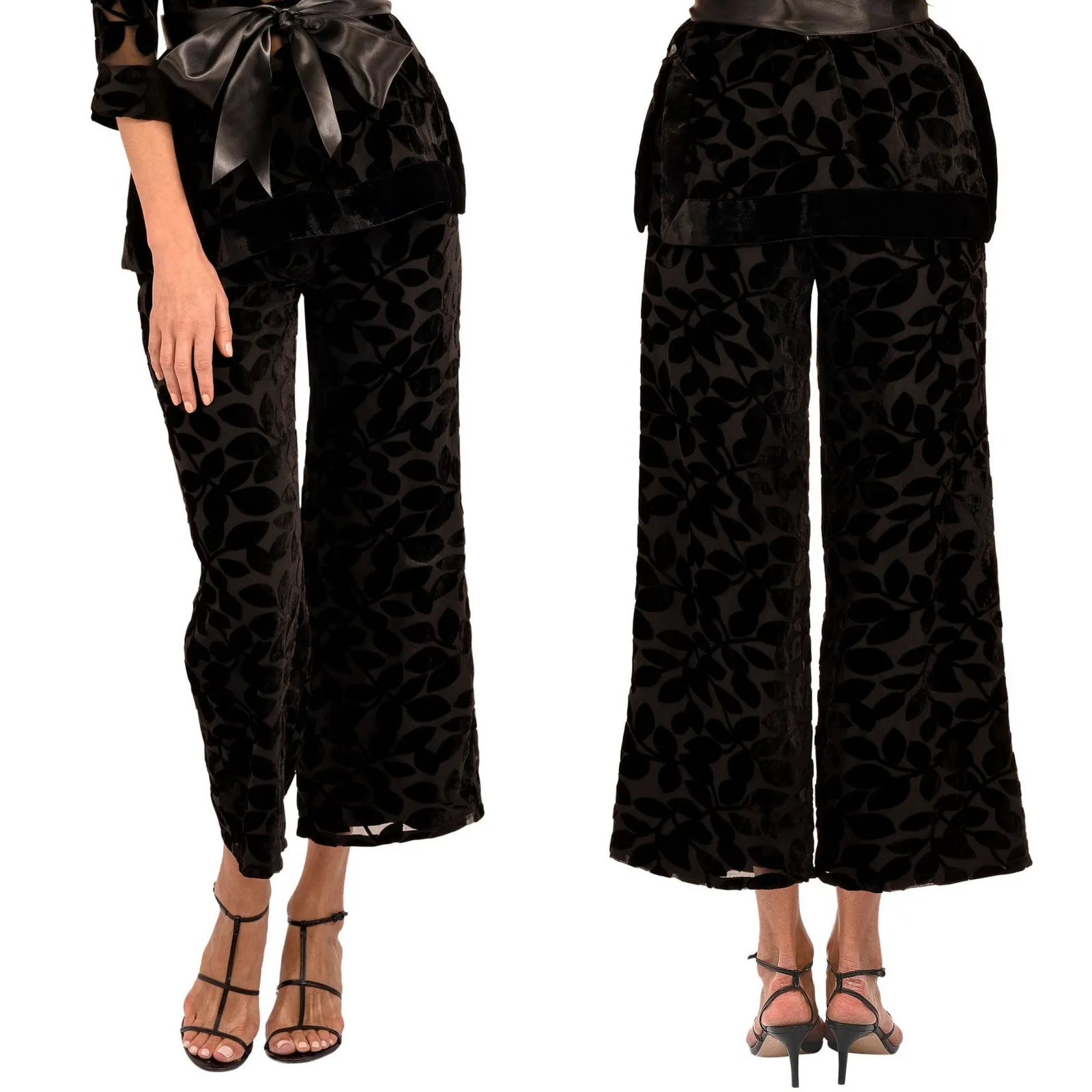 GRETCHEN SCOTT Luxe Leaf Velvet Palazzo Pants Womens XS Holiday Party Chic Event Black - Image 2