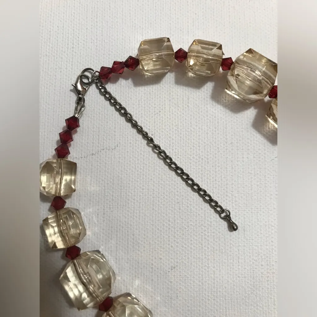 Acrylic Beaded Cream Red Necklace Bracelet Jewelry Set Silver Tone 18 inches - Image 3