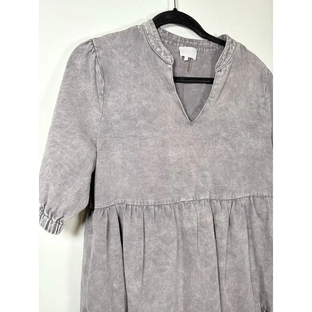 ENTRO Mineral-Washed Denim Babydoll Mini Dress Gray Preppy Casual Size Large - Image 2