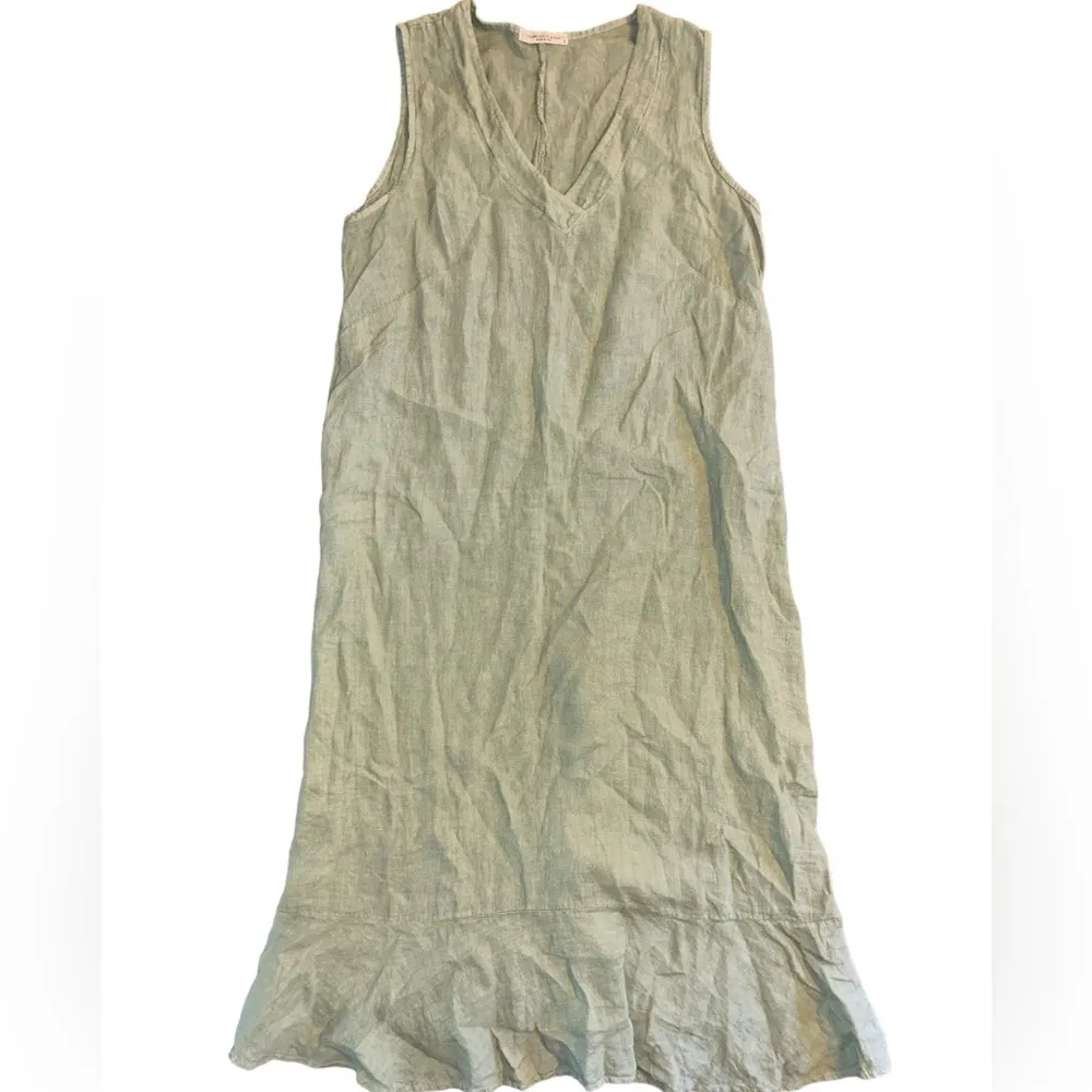 Francesca Bettini Green Sleeveless V Neck 100% Linen Midi Dress Womens Size S - Image 2
