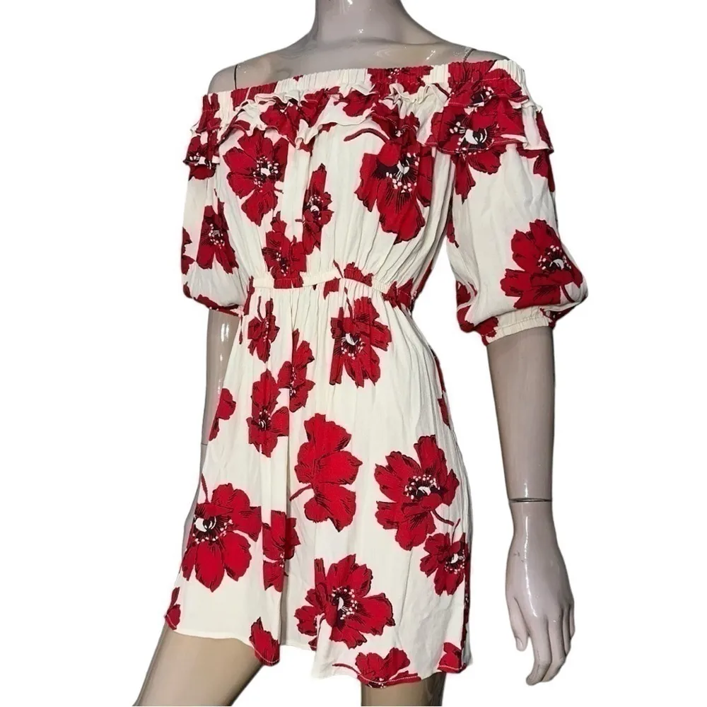 Ba&sh Women’s Size XS Red Floral Cream Kiara Off the Shoulder Short Mini Dress - Image 7