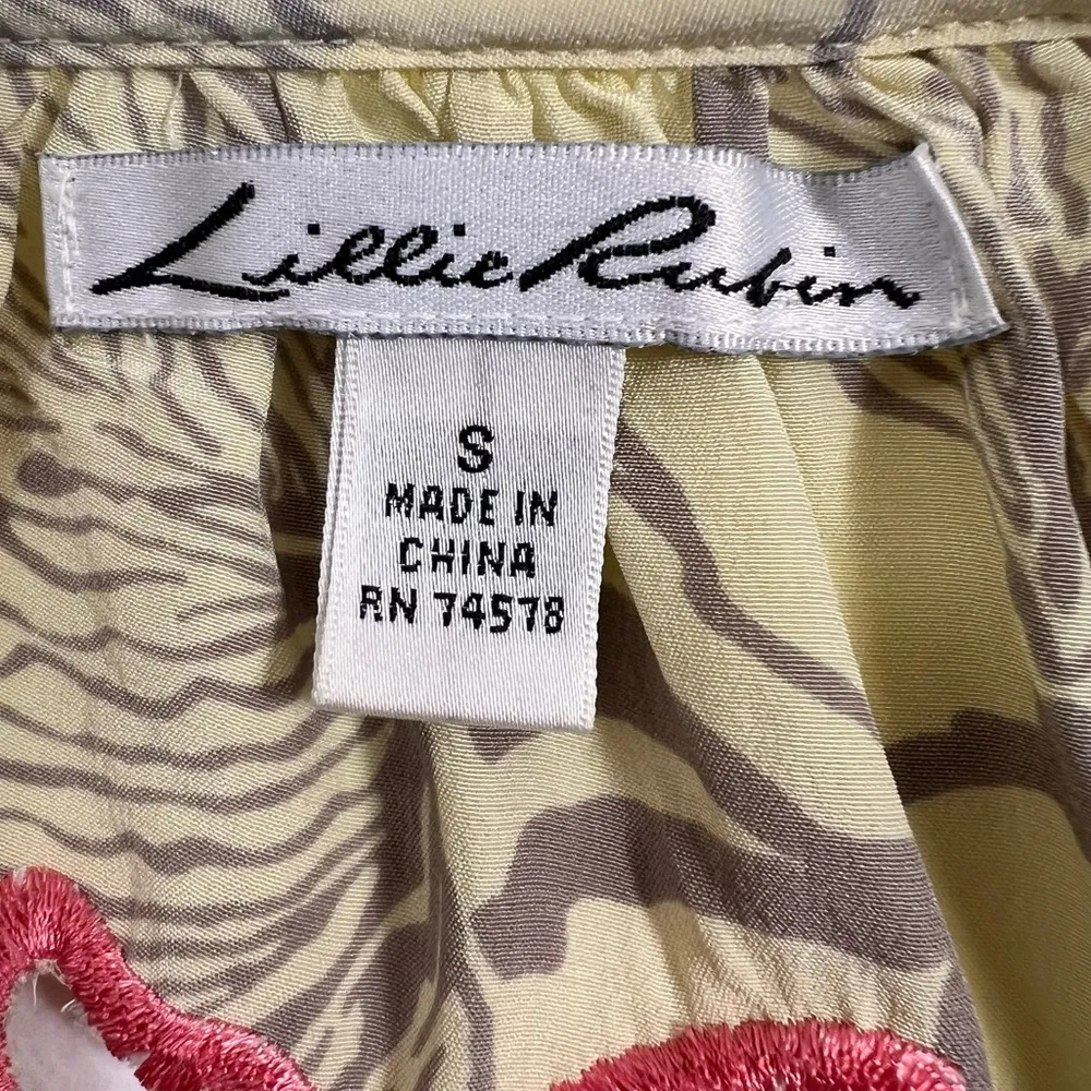 Vintage Lillie Rubin 100% Silk Wrap Top w/ Embroidered Cut Out Flowers Yellow - Image 7