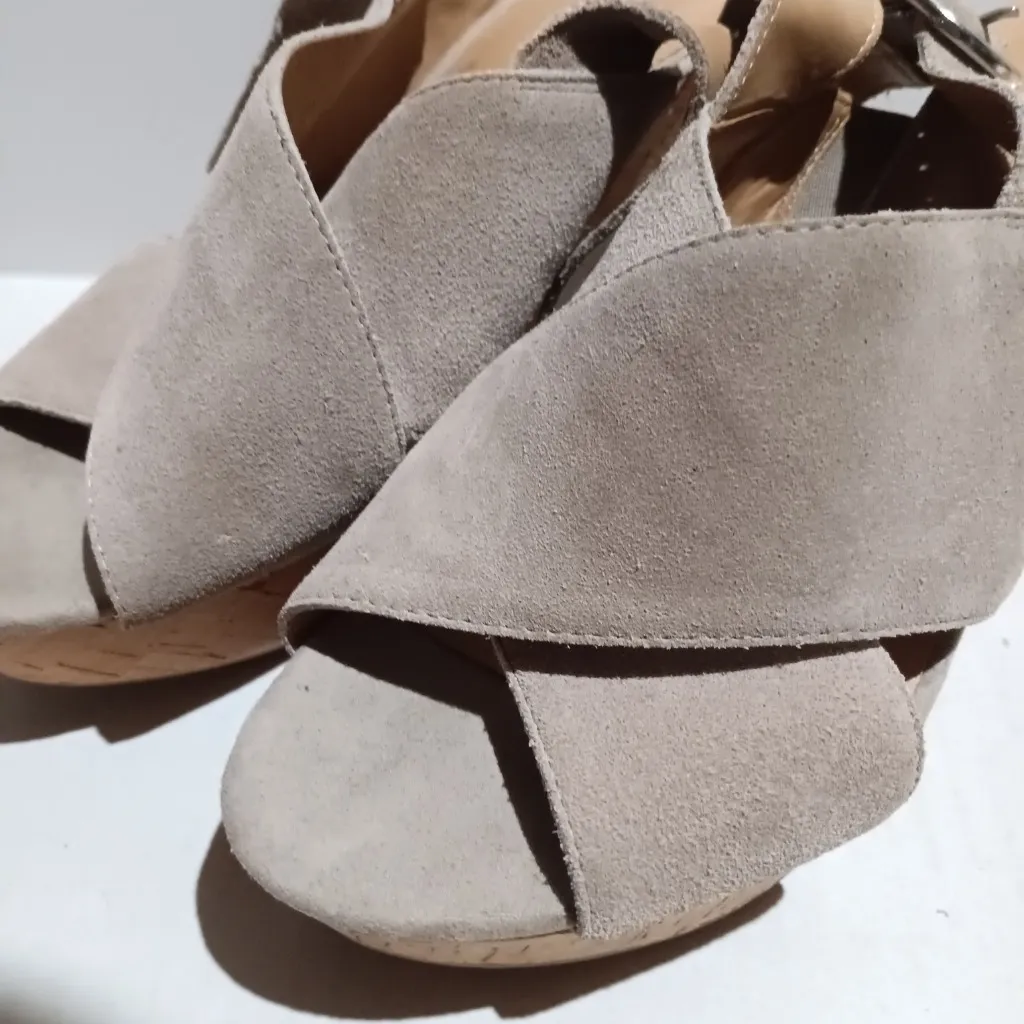 Franco Sarto Suede Wedge Sandals-Size 8-Open Toe-Adjustable Ankle Strap-Taupe - Image 6