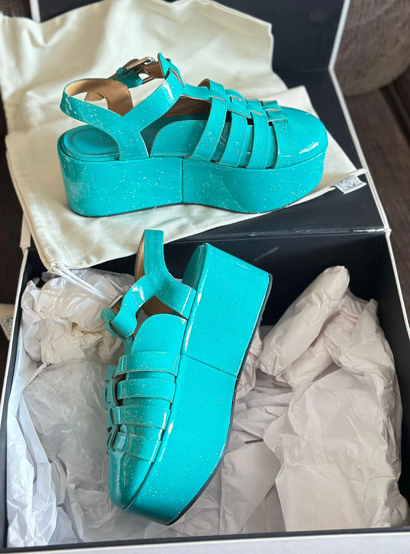 NWOT Authentic  Turquoise calf-skin wedge women shoes/size6 - Image 5