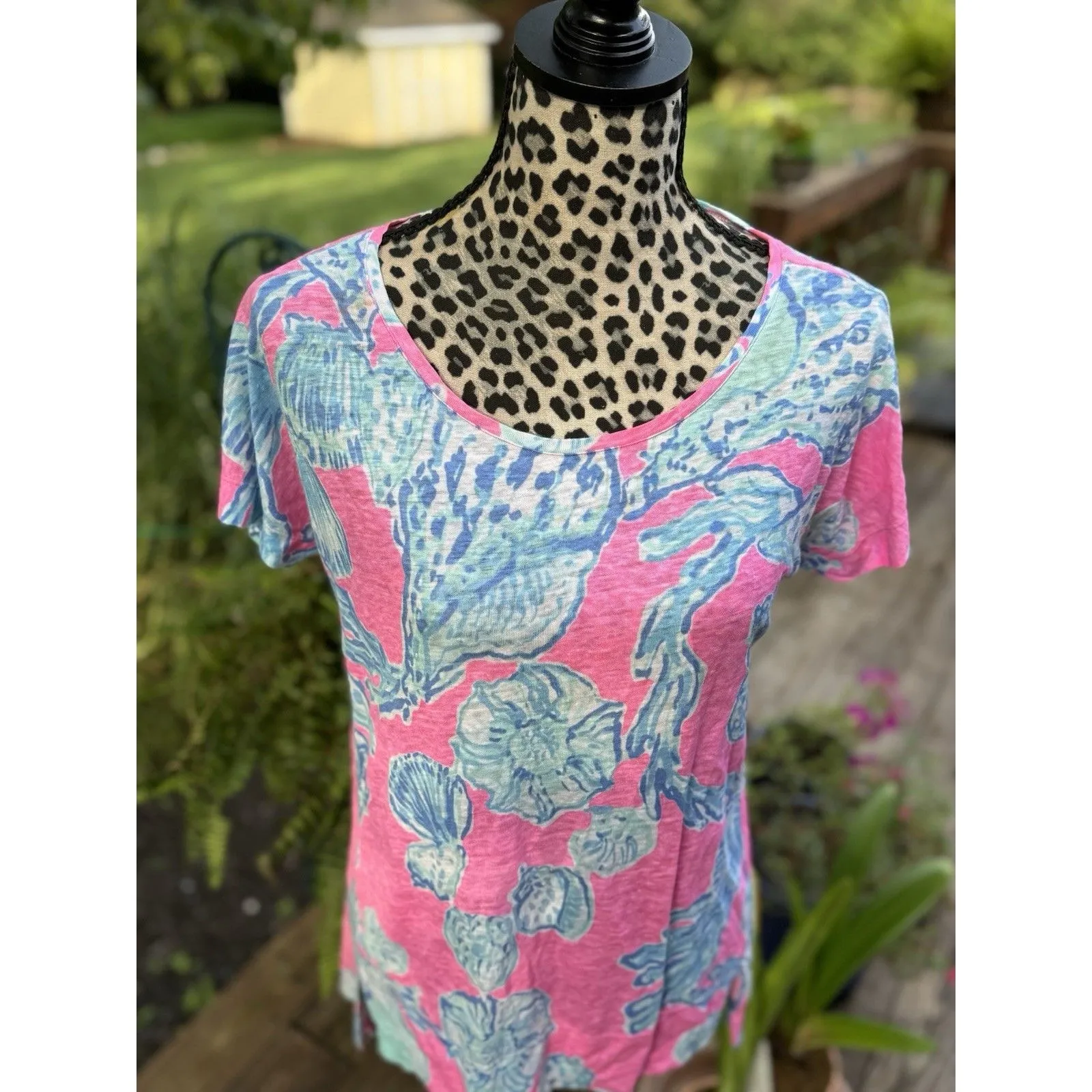 Lilly Pulitzer Mikela top pink pout barefoot princess blue shells size S - Image 3