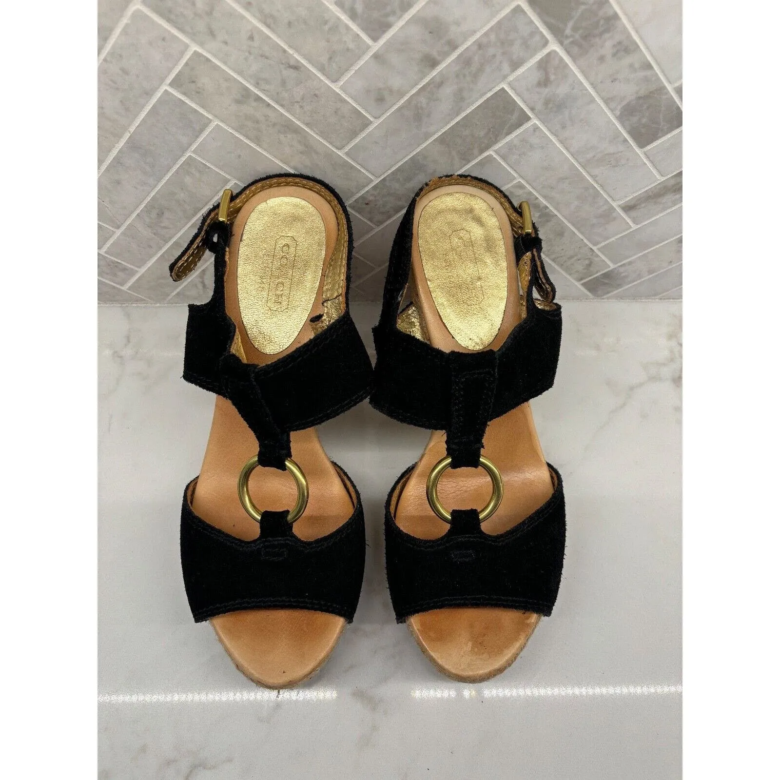 Coach Heels‎ Womens 7 Valeann Cork Block Black Suede Round Open Toe High Gold - Image 2