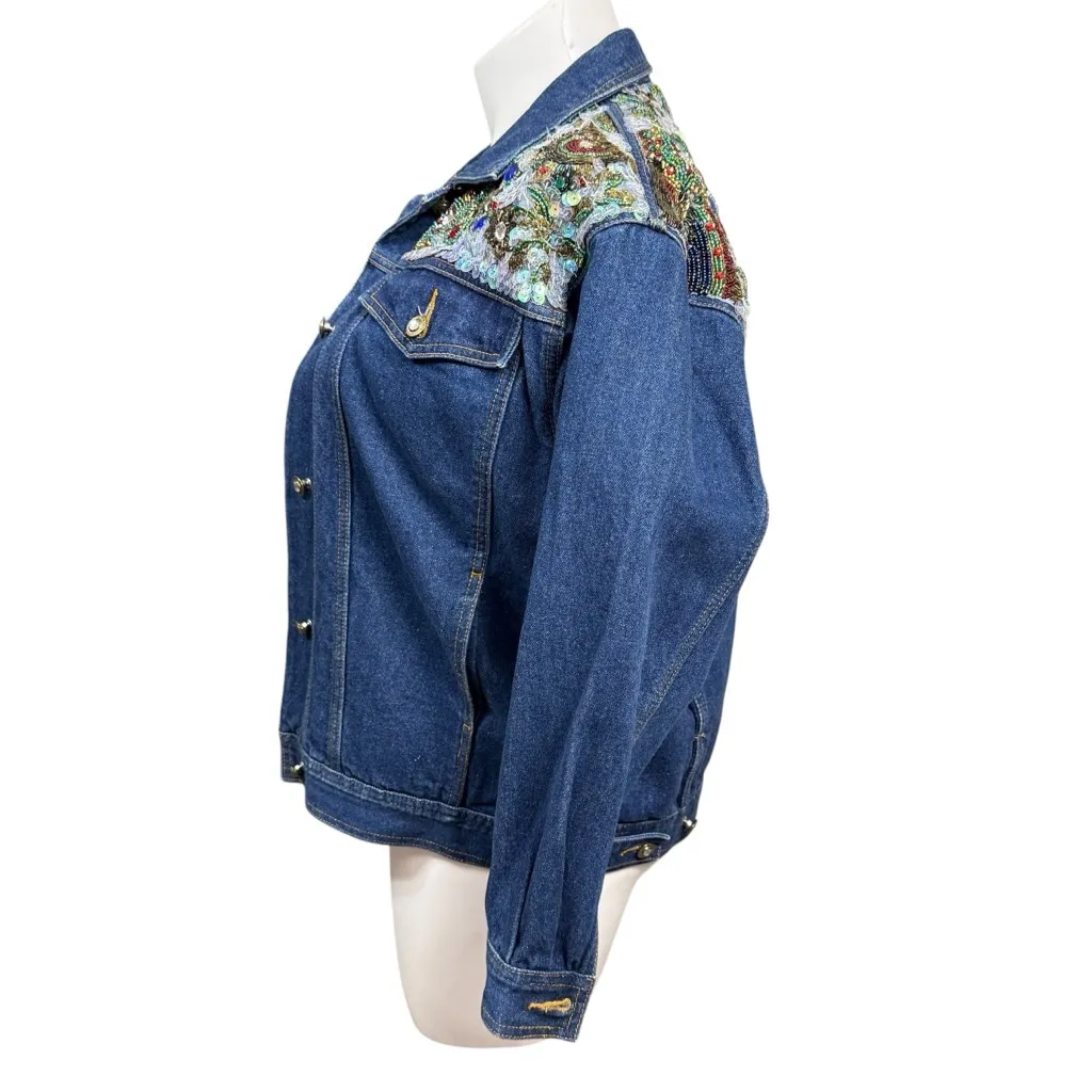 Vintage 1991 I.B. Diffusion Beaded Sequin Denim Jacket Made in Hong Kong Size L Blue Size L - Image 6