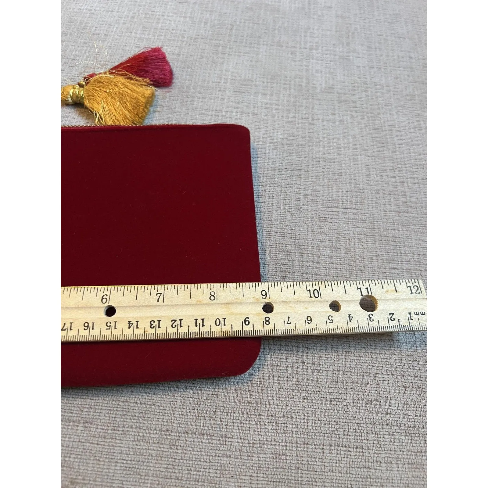 Shiraleah Chicago Clutch Bag Womens Red Velvet Zip Pouch Tassel Gold Embroidery - Image 3