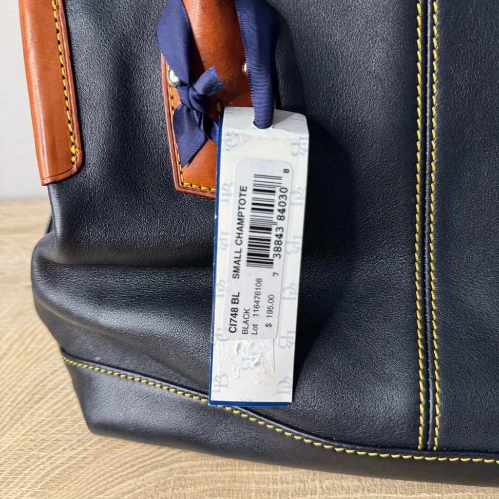 Dooney Bourke Black Tan Yellow Stitch Tote Bag Duck Logo Satchel Tortoiseshell‎ - Image 7