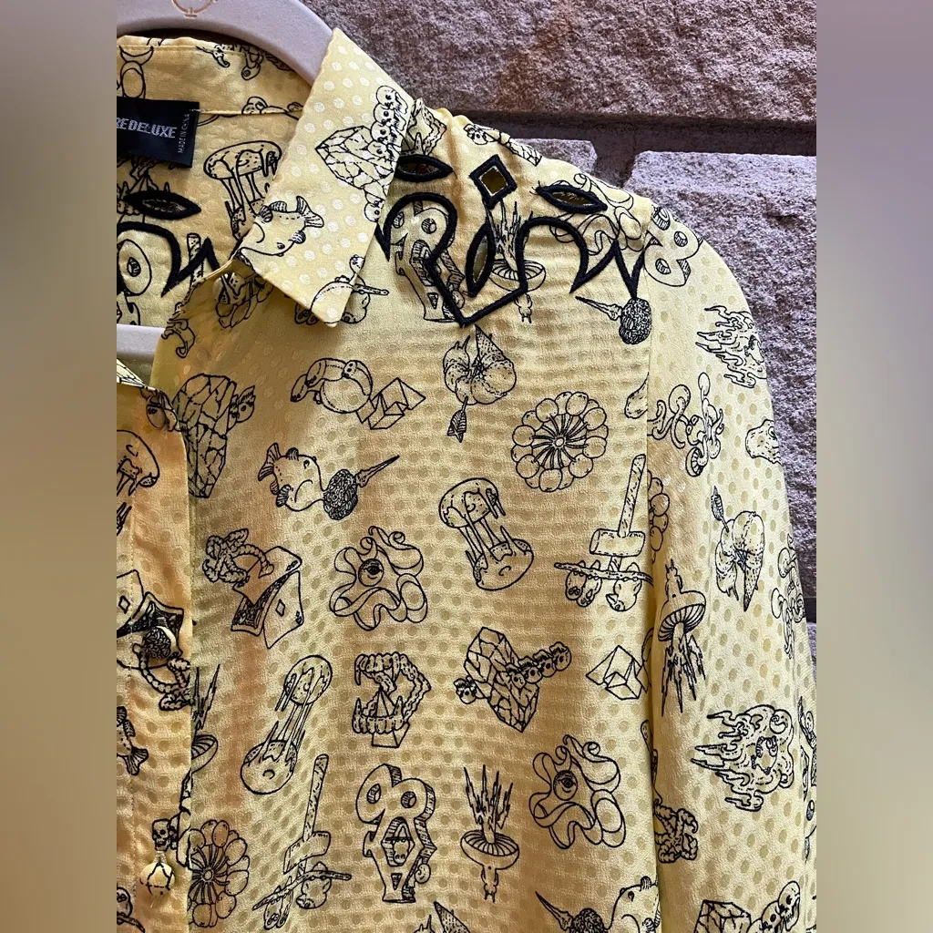 Zadig & Voltaire Tiano Manga 100% Silk Western Button Up Shirt Yellow Black Med - Image 5