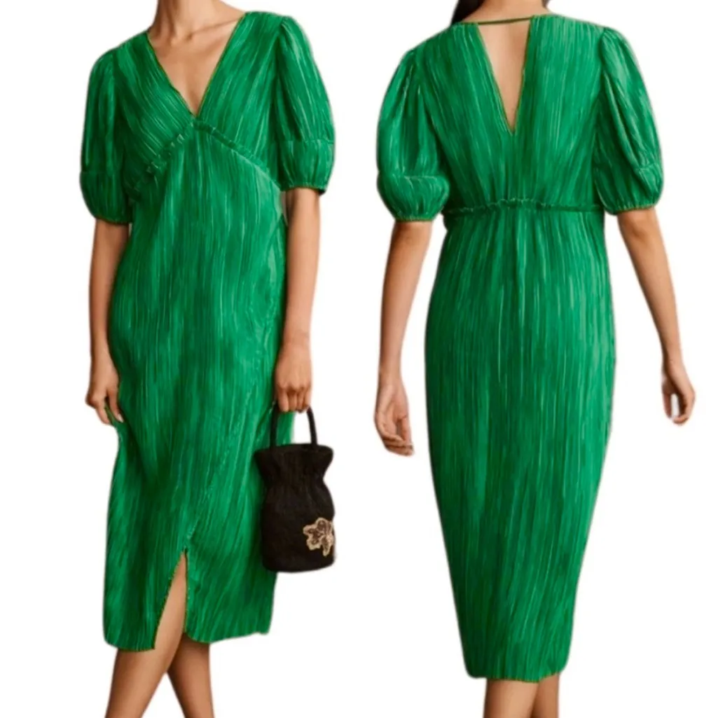EUC Anthropologie V-Neck Pleated Faux Wrap Midi Emerald Dress Green Size Small - Image 2