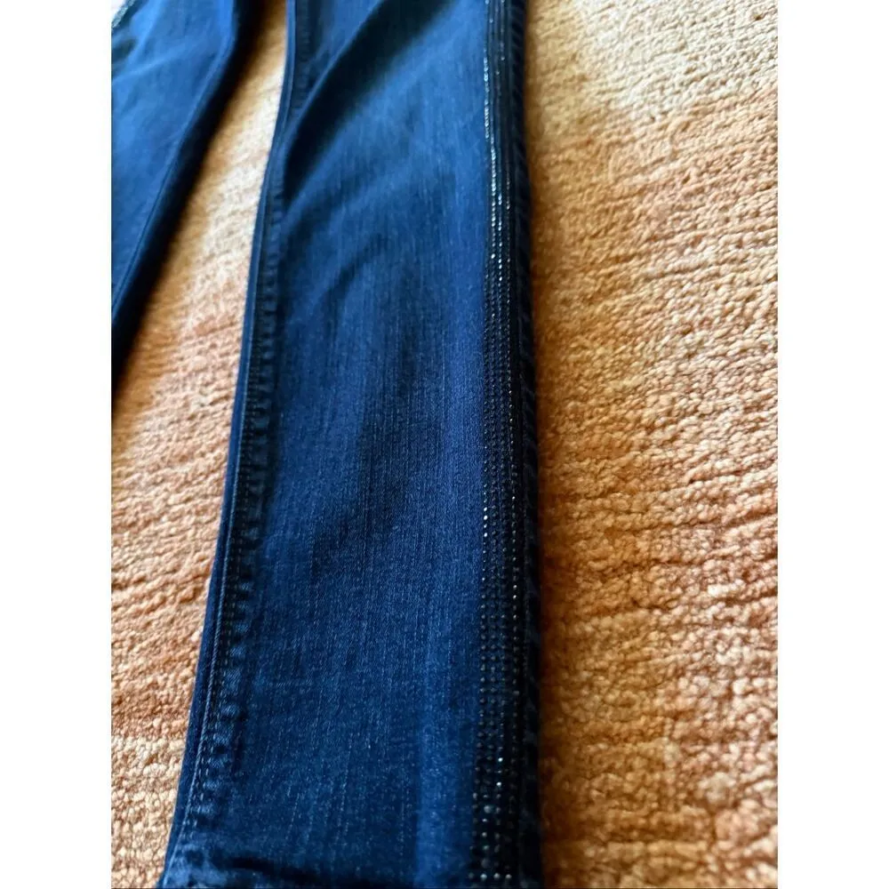 White House Black Market Skinny Leg Dark Wash Jeans Blue Stretch Rhinestone Trim - Image 6