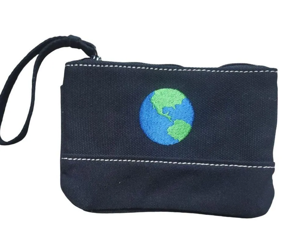 Lands’ End Canvas Pouch‎ Makeup Toiletry Bag Kit Black Embroidered Earth 6"x4" - Image 6