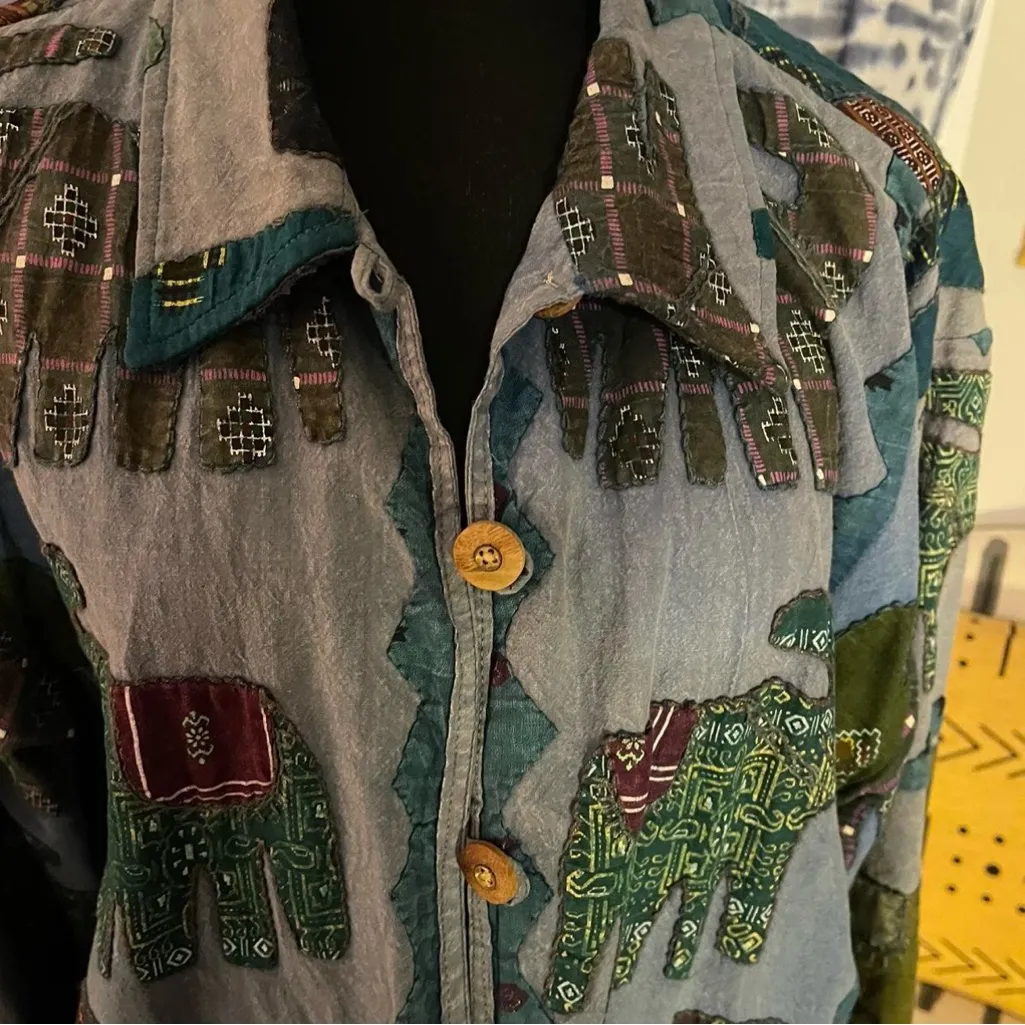 VTG Elephant Patchwork Applique Button-Up Jacket  L/XL Bohemian Hippie 🐘🌼 - Image 2