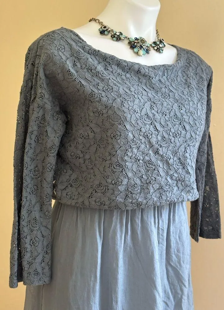 Amanti Delicate Light Blue Boxy Lace Silk Dress Floral Oversize Relaxed Fit SZ S - Image 2