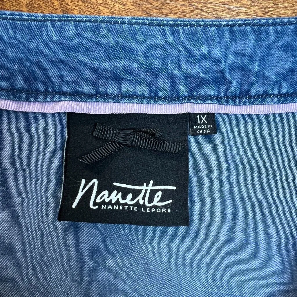 Nanette Lepore Dress Women 1X Blue Chambray Shift Rope Lace Up 3/4 Sleeve V-Neck - Image 7