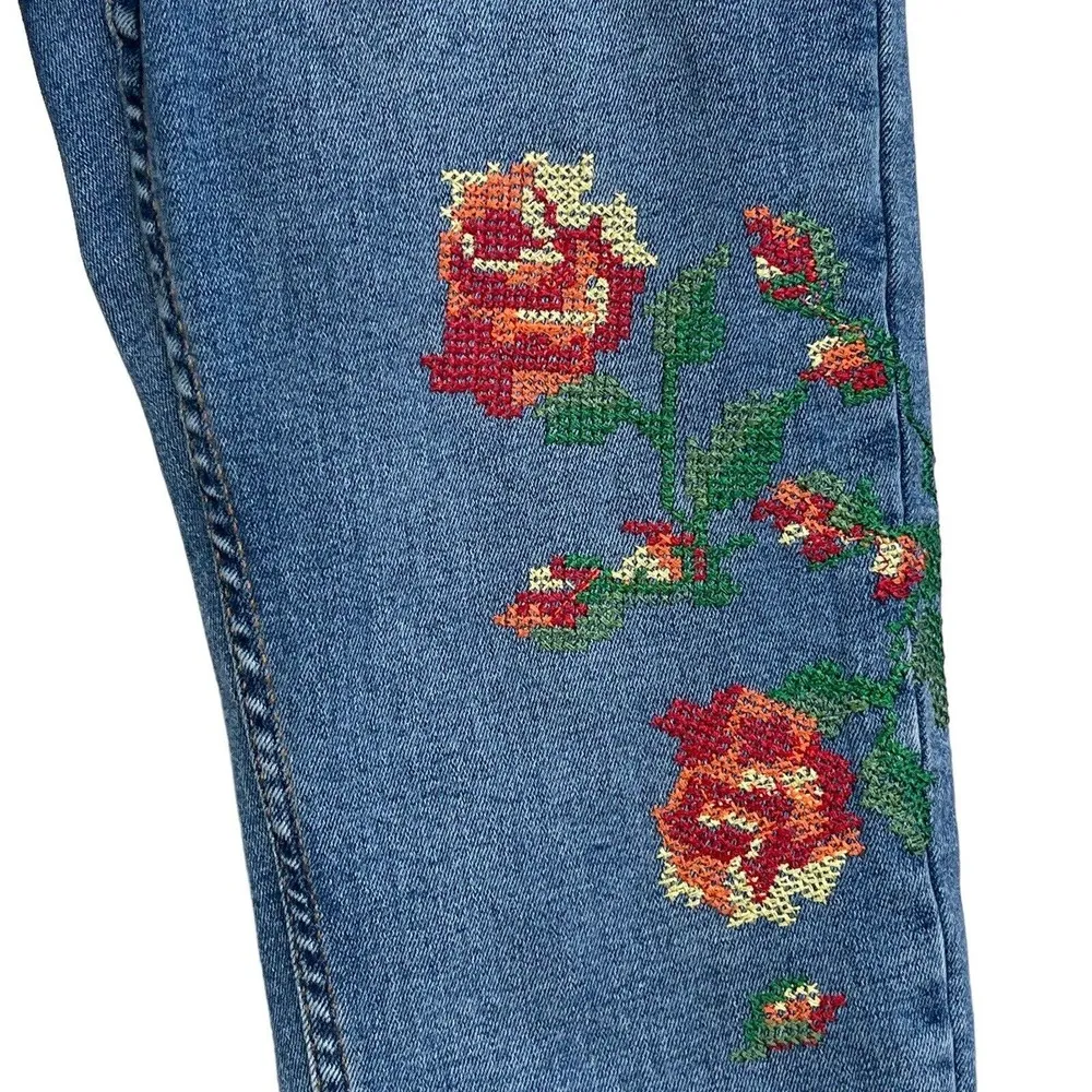 Topshop Moto SZ W26 Jamie Skinny Jeans Hi-Rise Stretch Floral Embroidery Blue - Image 3