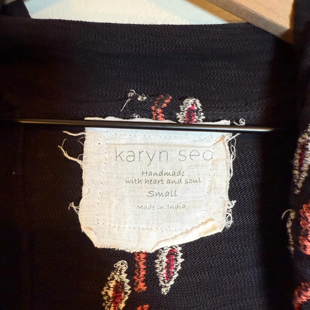 Karyn Seo Long Line Floral Embroidered Bohemian‎ Hooded Cardigan Black - Image 5