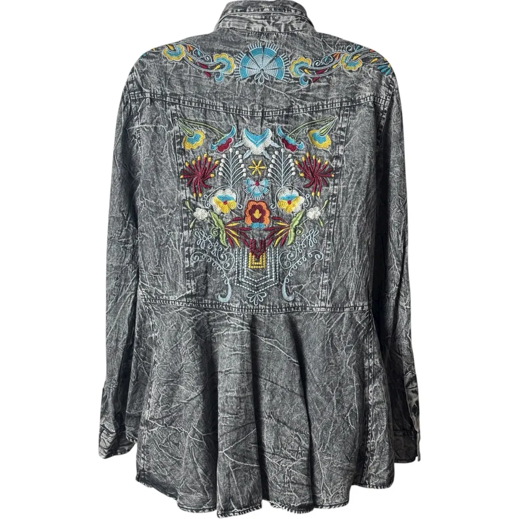 Nostalgia Black Denim Tunic with Colorful Floral Embroidery Peasant Bohemian S Gray - Image 2