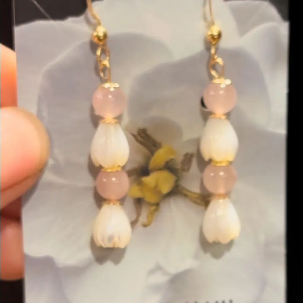 Gold Filled Pikake Mother of Pearl Rose Quartz Earrings Handmade in Maui Pink - Image 4