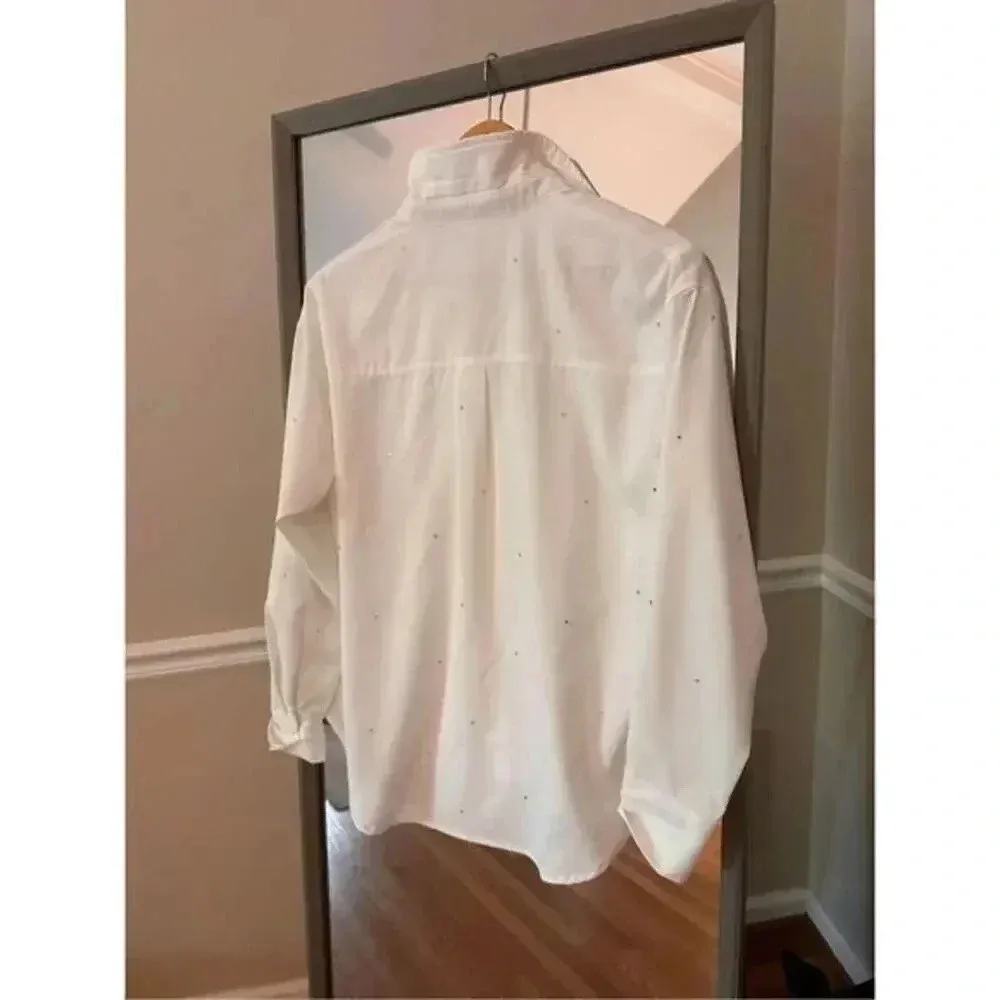 Lelis Sequin Button Down Shirt NWT XS White Silver Sparkle Long Sleeve‎ Blouse - Image 4