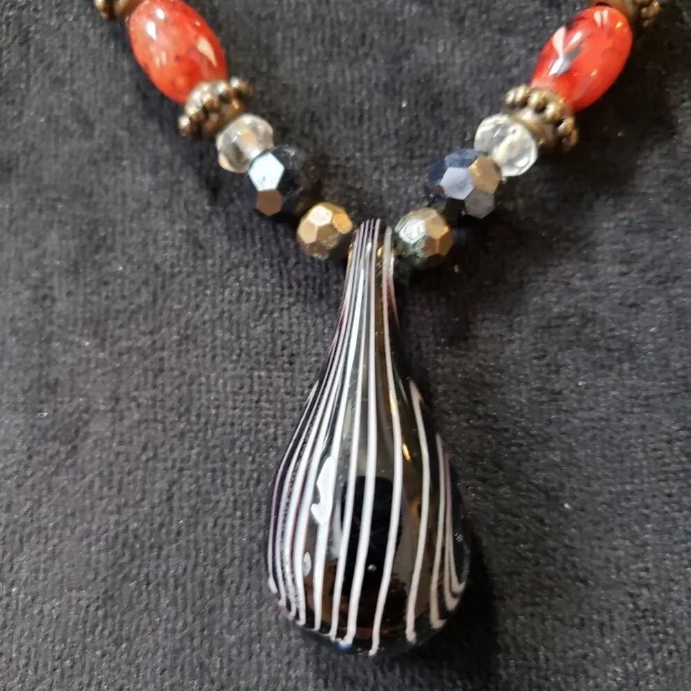 Womens Fashion Boho Silk Stone Onyx Gemstone & Pearl Necklace with Lobster Clasp Black - Image 8