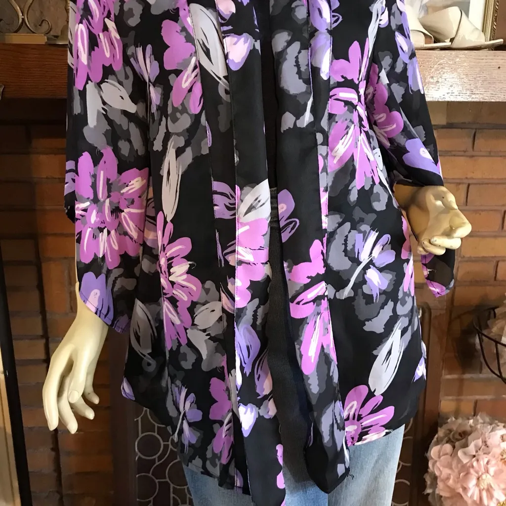 BLAIR PURPLE, BLACK & GRAY FLORAL PRINT KIMONO CARDIGAN (M) - Image 9