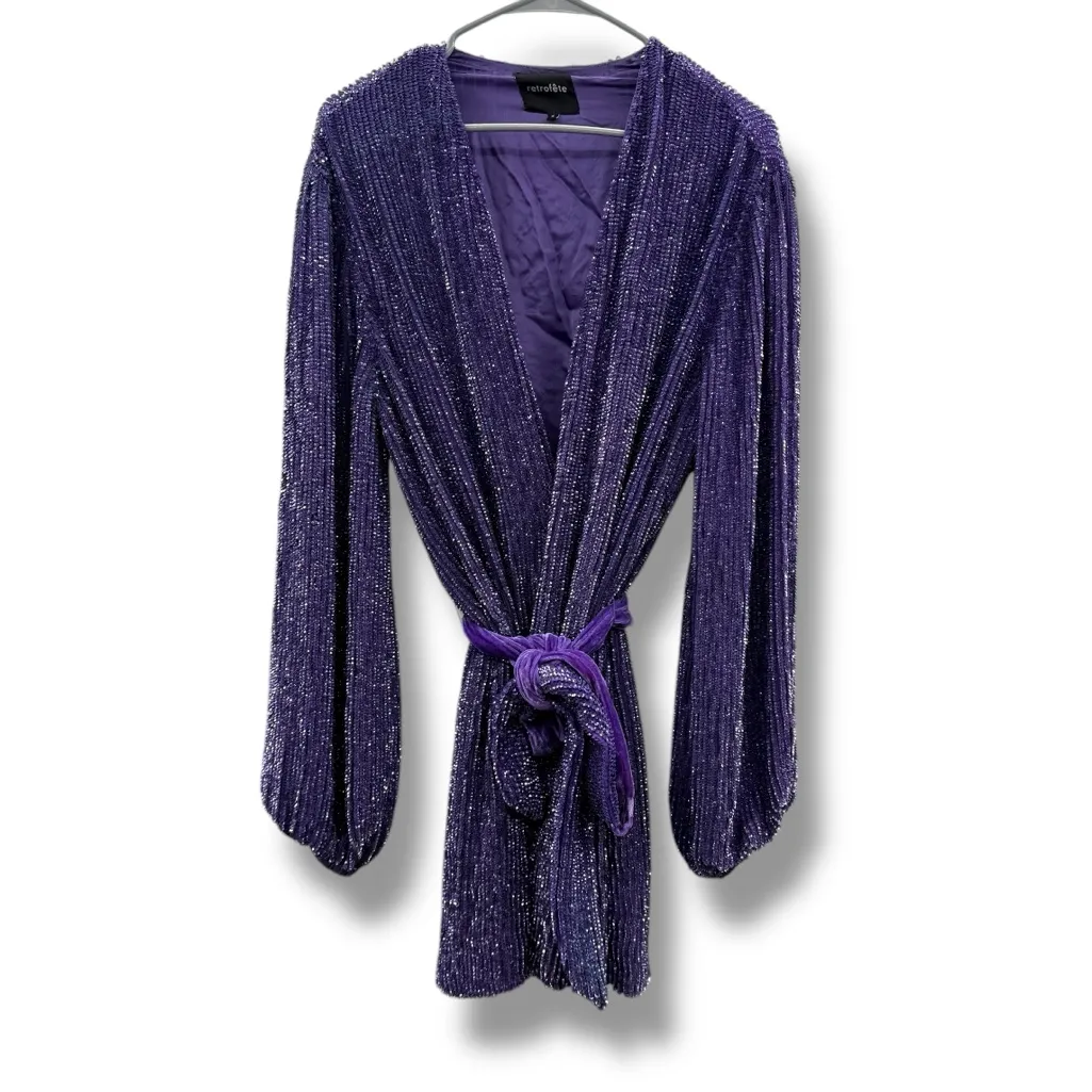 Retrofete Gabrielle Sequin‎ Metal Purple Wrap Robe Mini Dress Sz S - Image 3
