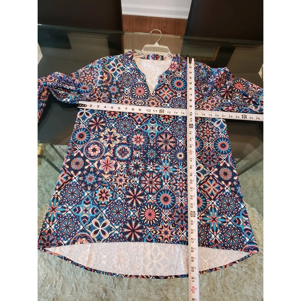 Womens Tunic Top XL Multi Ethnic Floral Balloon Sleeve Notched Neck Pullover Blue - Image 5