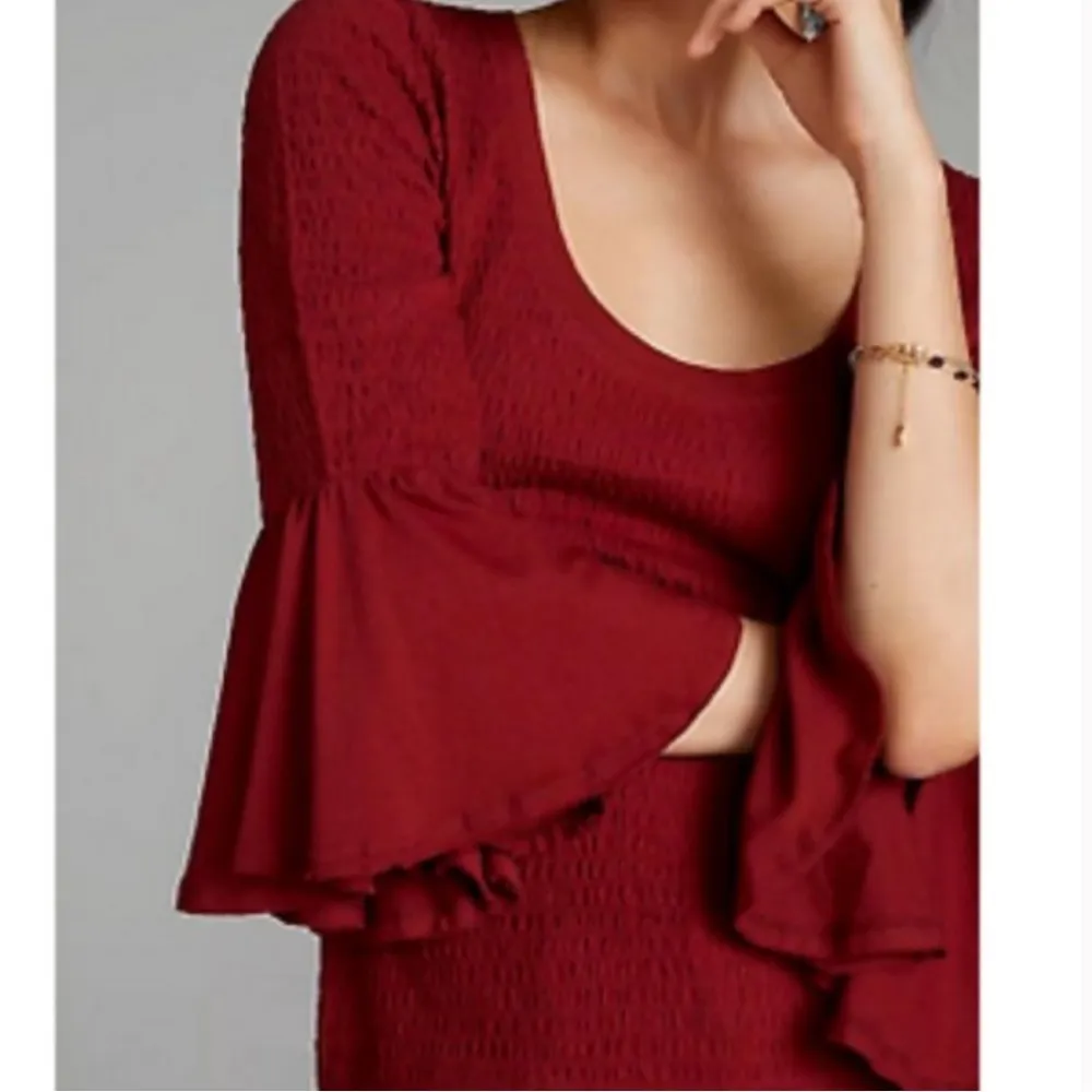 Anthropologie Smocked Bell-Sleeve Top Shirt Blouse Wine Red Burgundy Medium - Image 2