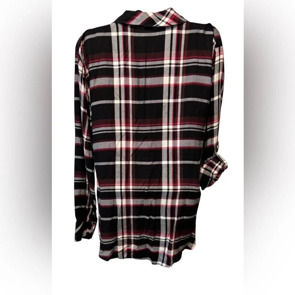 Sanctuary Boyfriend Flannel Tunic Shirt Sz M Roll Tab Sleeve Black Red Plaid - Image 5