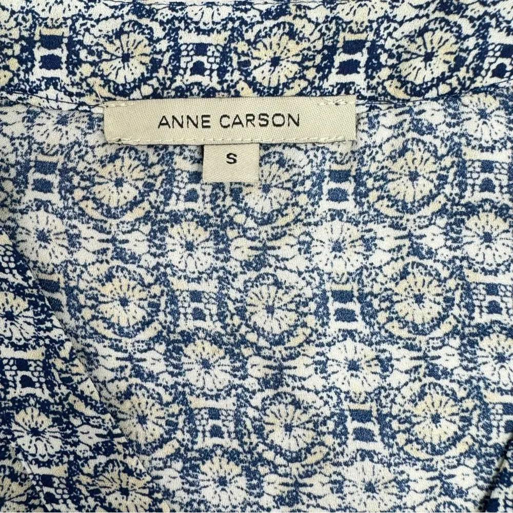 Anne Carson Blue White & Beige Medallion Print Semi Sheer Long Sleeve Blouse - Image 8