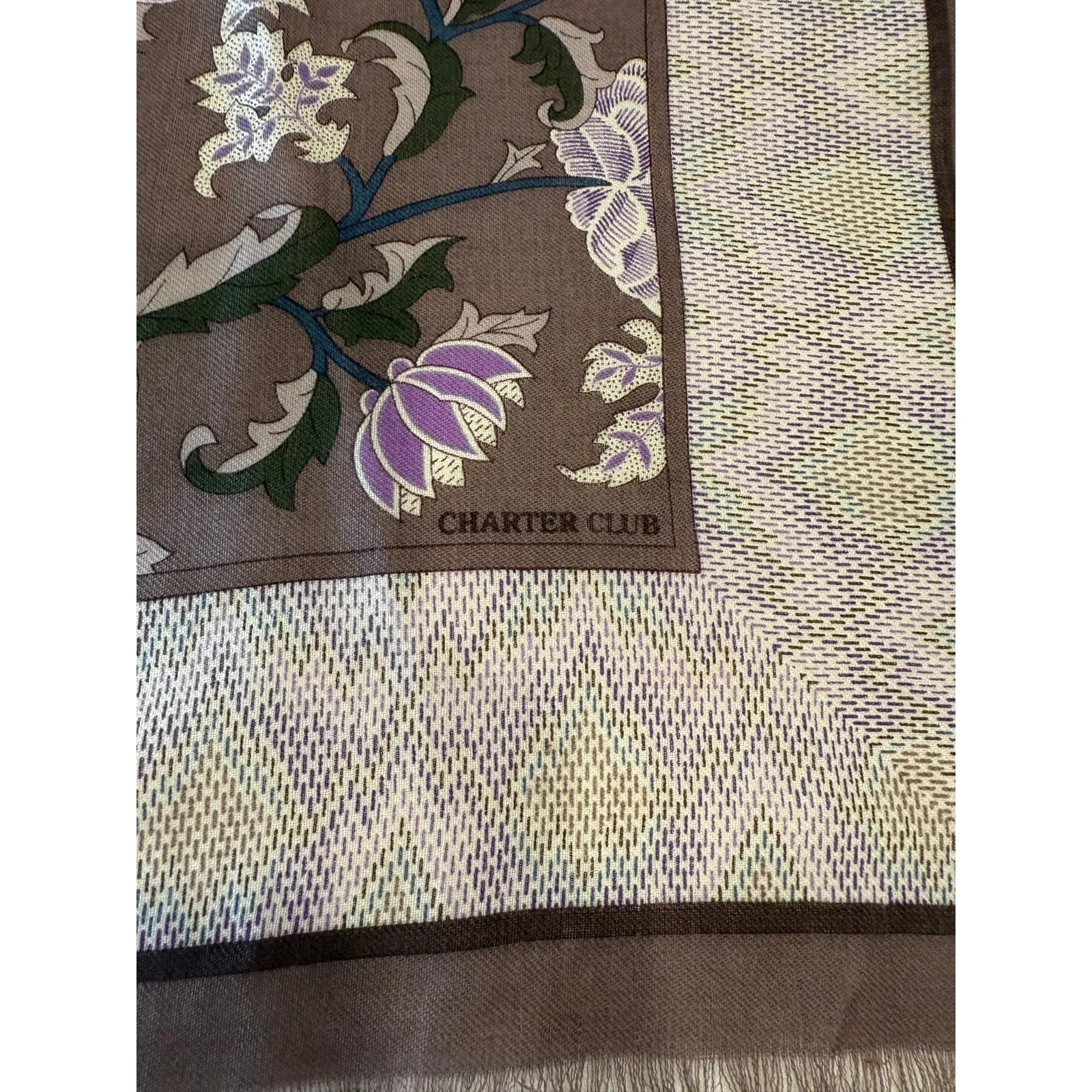 Charter Club 100% Wool Floral Print Square Scarf Fringe Edge Trim Brown - Image 5
