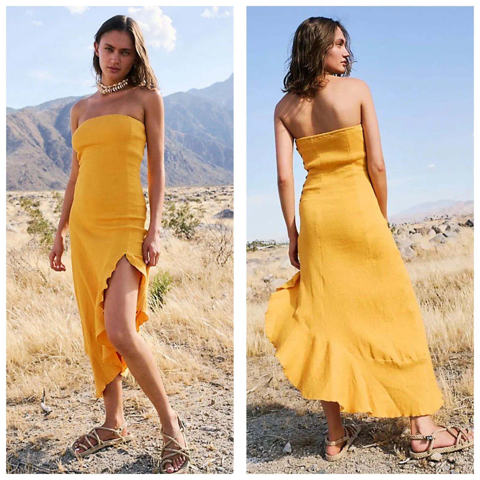 Free People Made Me Blush Midi Dress Size Small Yellow Asymmetrical Ruffle Hem - Image 2