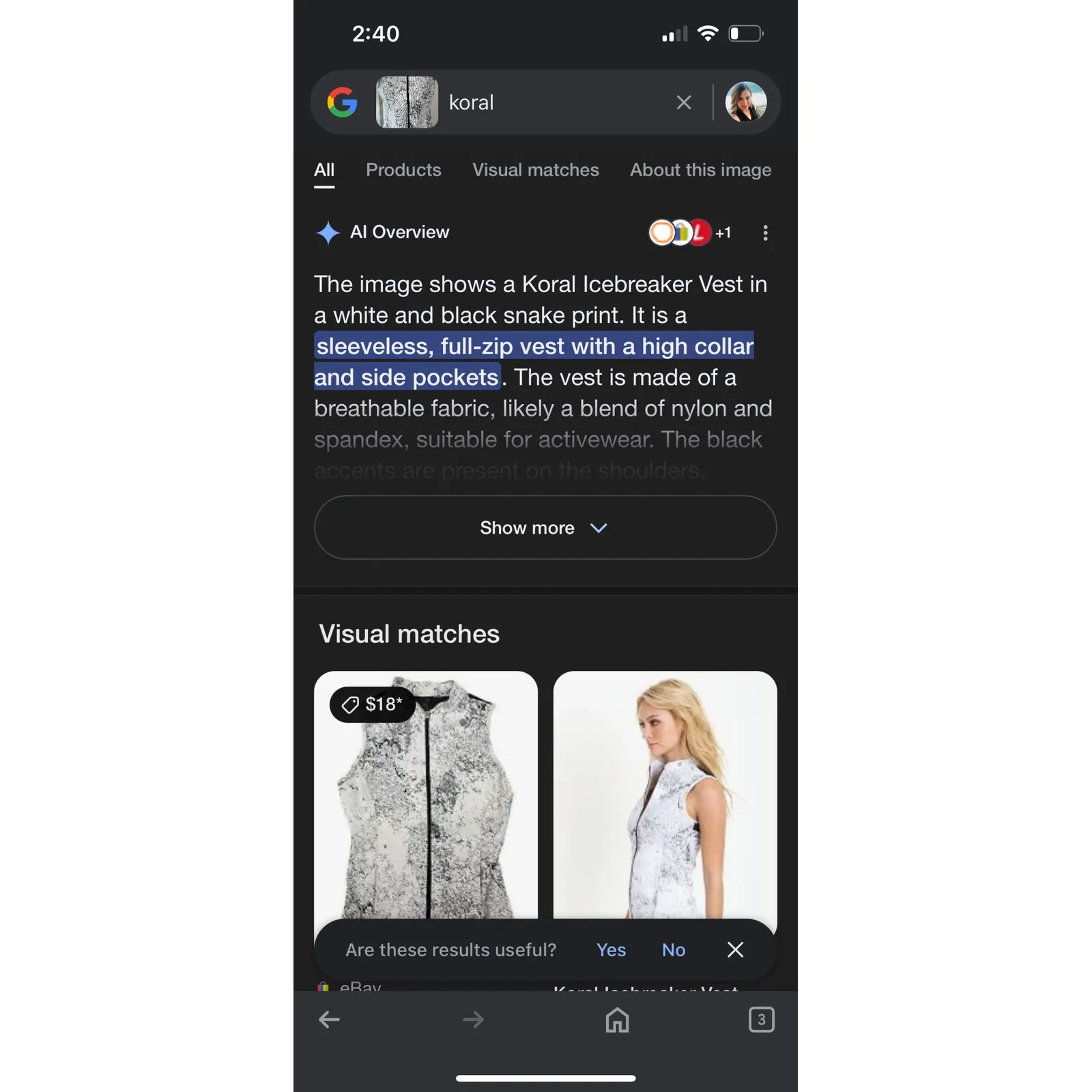Koral Icebreaker‎ Vest Black White Snake Print Athleisure Athletic Size Medium - Image 4