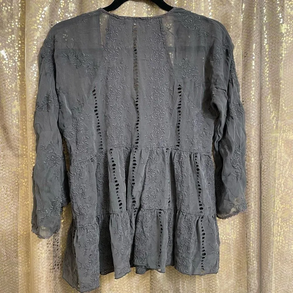 4 Love & Liberty By Johnny Was Lance Ruffle Silk Kimono Top Blouse S Gray $250 Gray - Image 2