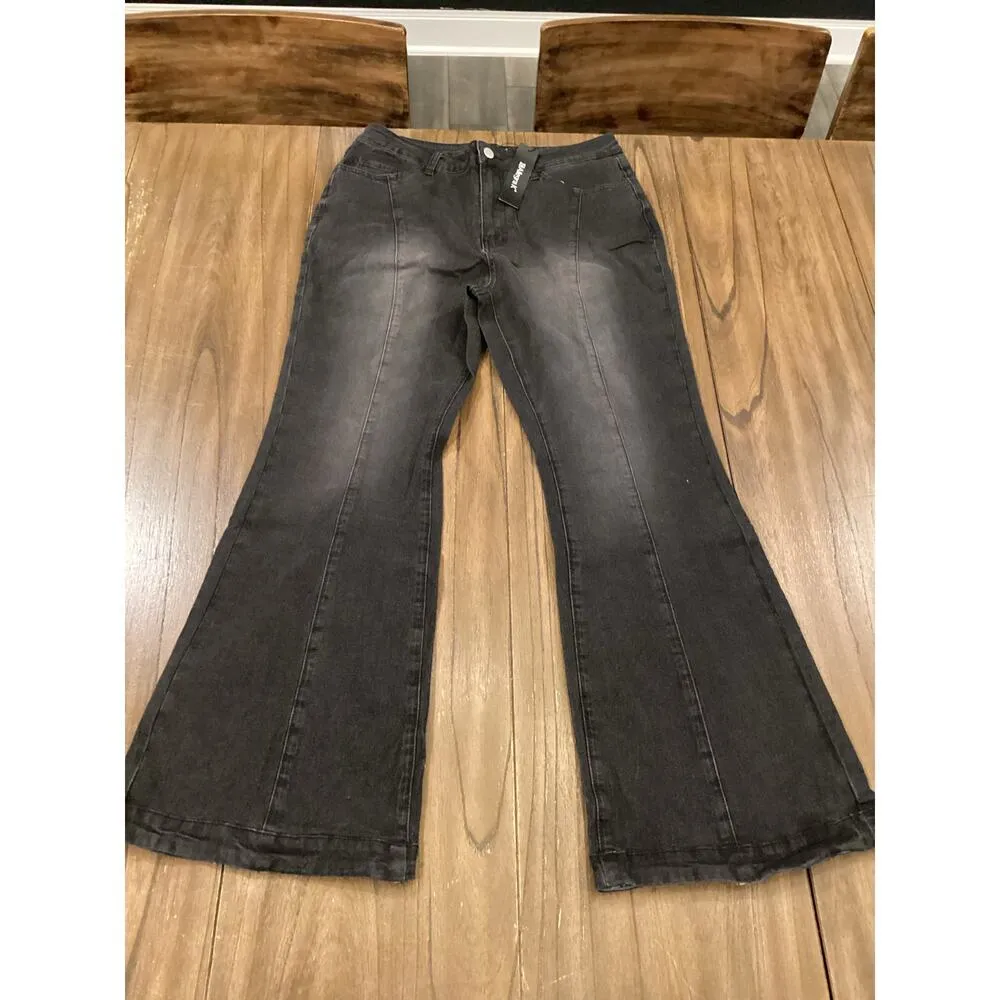 Allegra K retro Flared Stretch High Rise Dark Wash black Denim Jeans Large NWT - Image 2