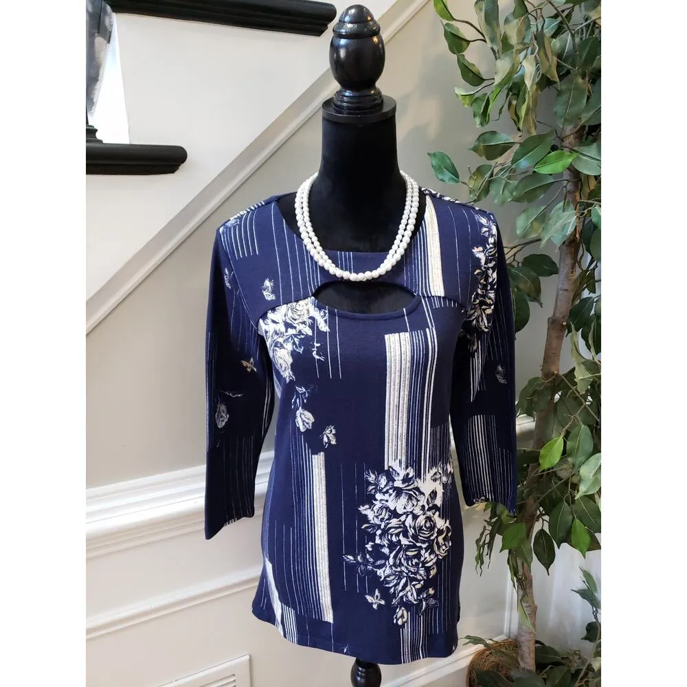 Women's JM Collection S Navy White Floral Stripe Cutout Neck Top 3/4 Sleeve - Image 2