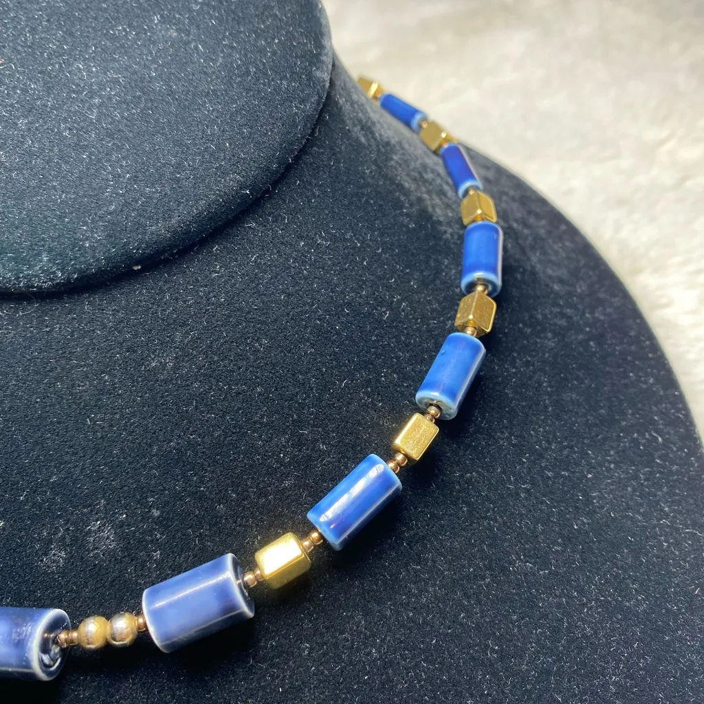 Japanese Vintage Blue & Gold Collar Necklace EUC - Image 2