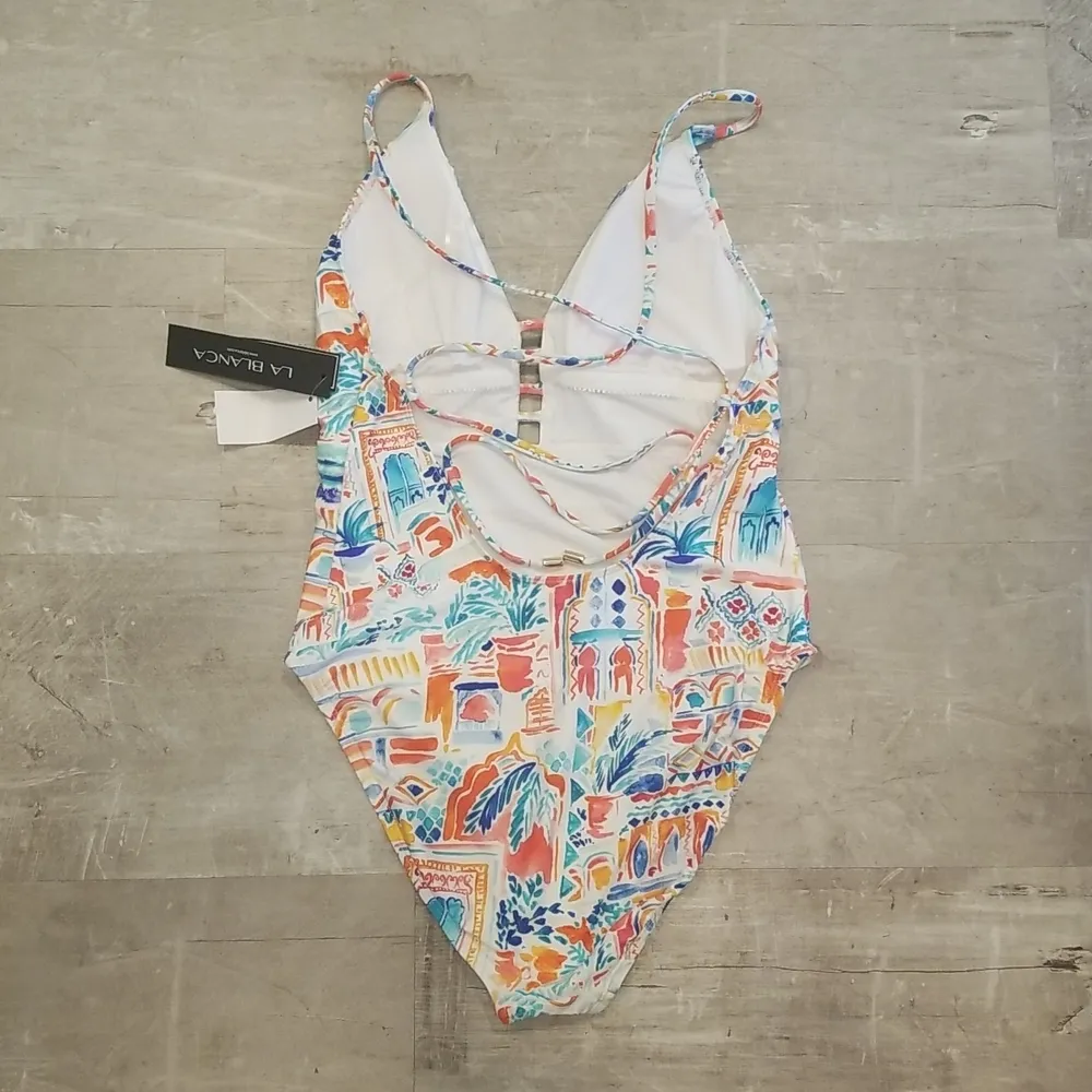 💕LA BLANCA💕 Terra Print Plunge Neck One-Piece Swimsuit ~ 10 Tera Italia NWT - Image 9