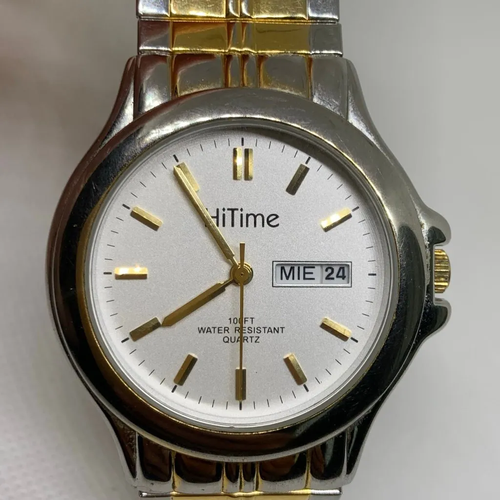 Hitime men classic day date gold silver tone watch quartz analog 38mm running - Image 2