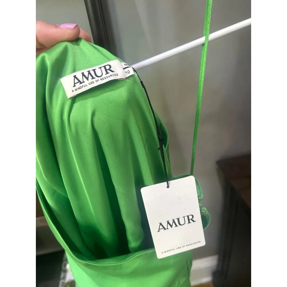 AMUR Deena One Shoulder Satin Evening Gown Green Daylily Womens Size 10 - Image 8