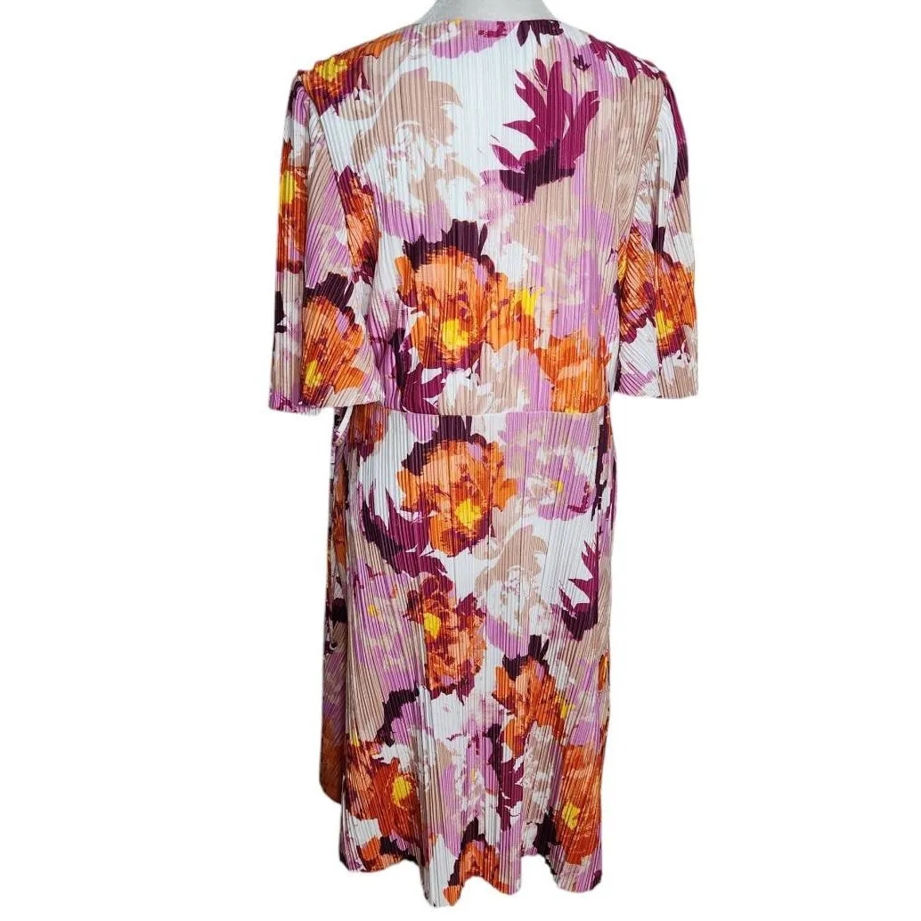 Destination Maternity Floral Print Pleated Wrap Dress Size Large Wedding Guest Orange - Image 2