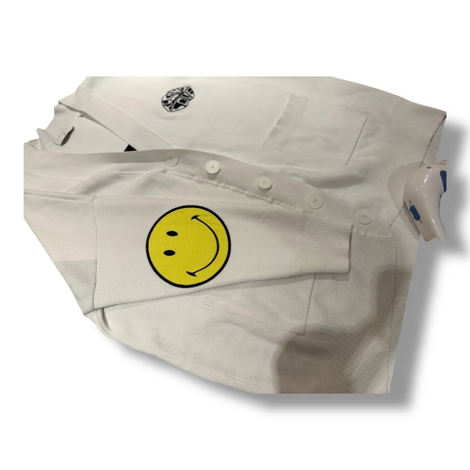 Sandro Paris x Smiley‎ White Techno Cardigan Large Happy Face Elbow Patch Knit - Image 3