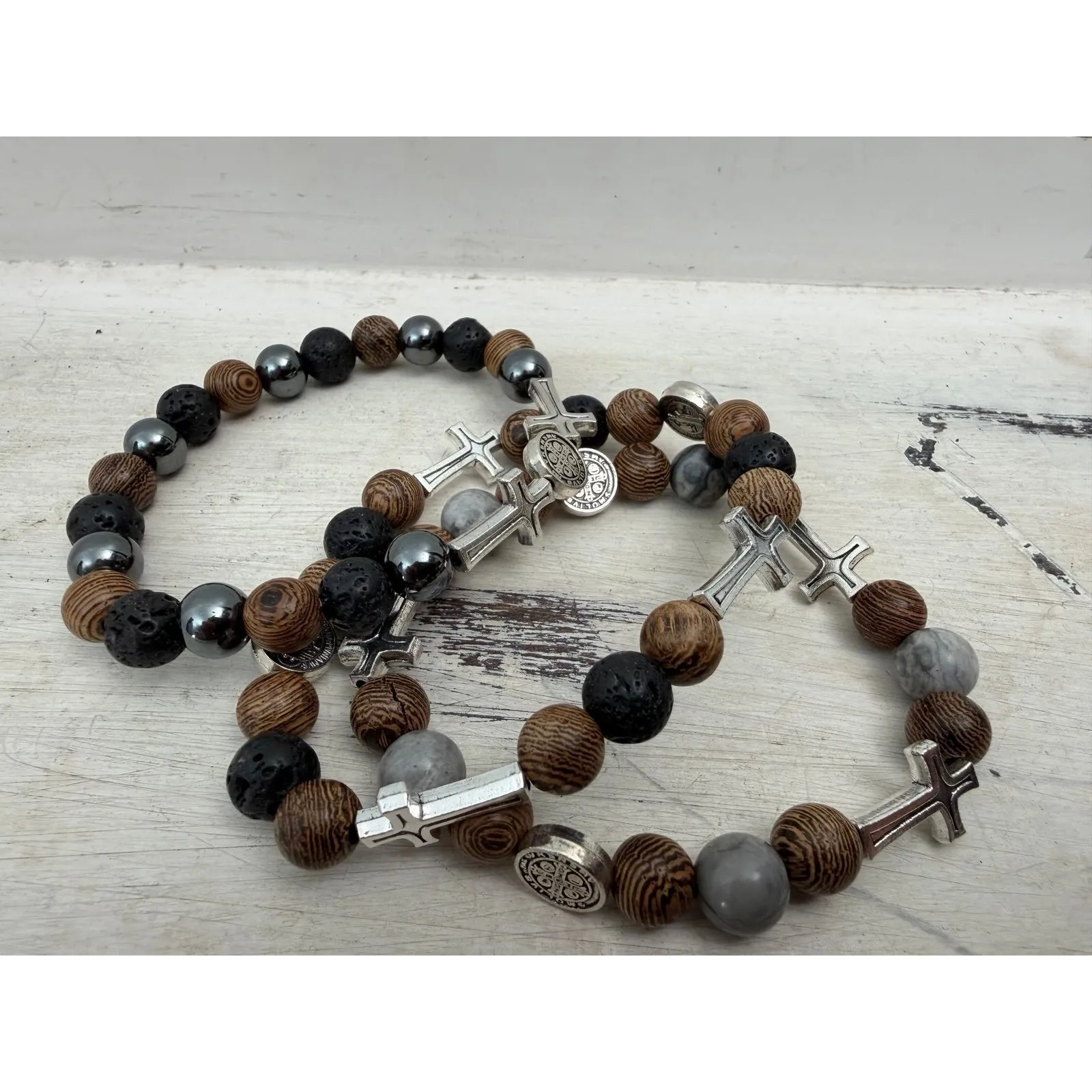 Men's Natural Stone Bracelet Set – Lava Rock, Wood Beads & Cross Charms 3 Pack - Image 3