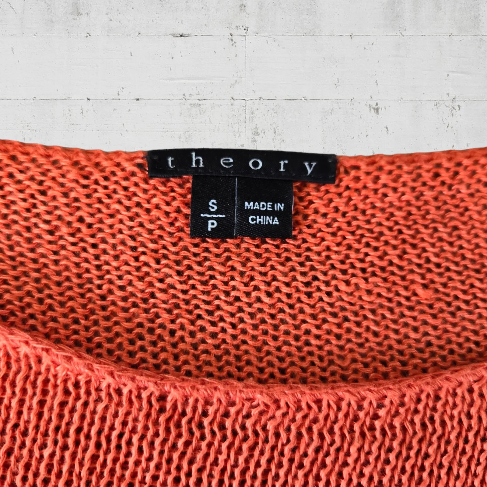 Theory Coral Orange Linen Short Sleeve Boat Neck Open Knit Blouse Size Small - Image 3